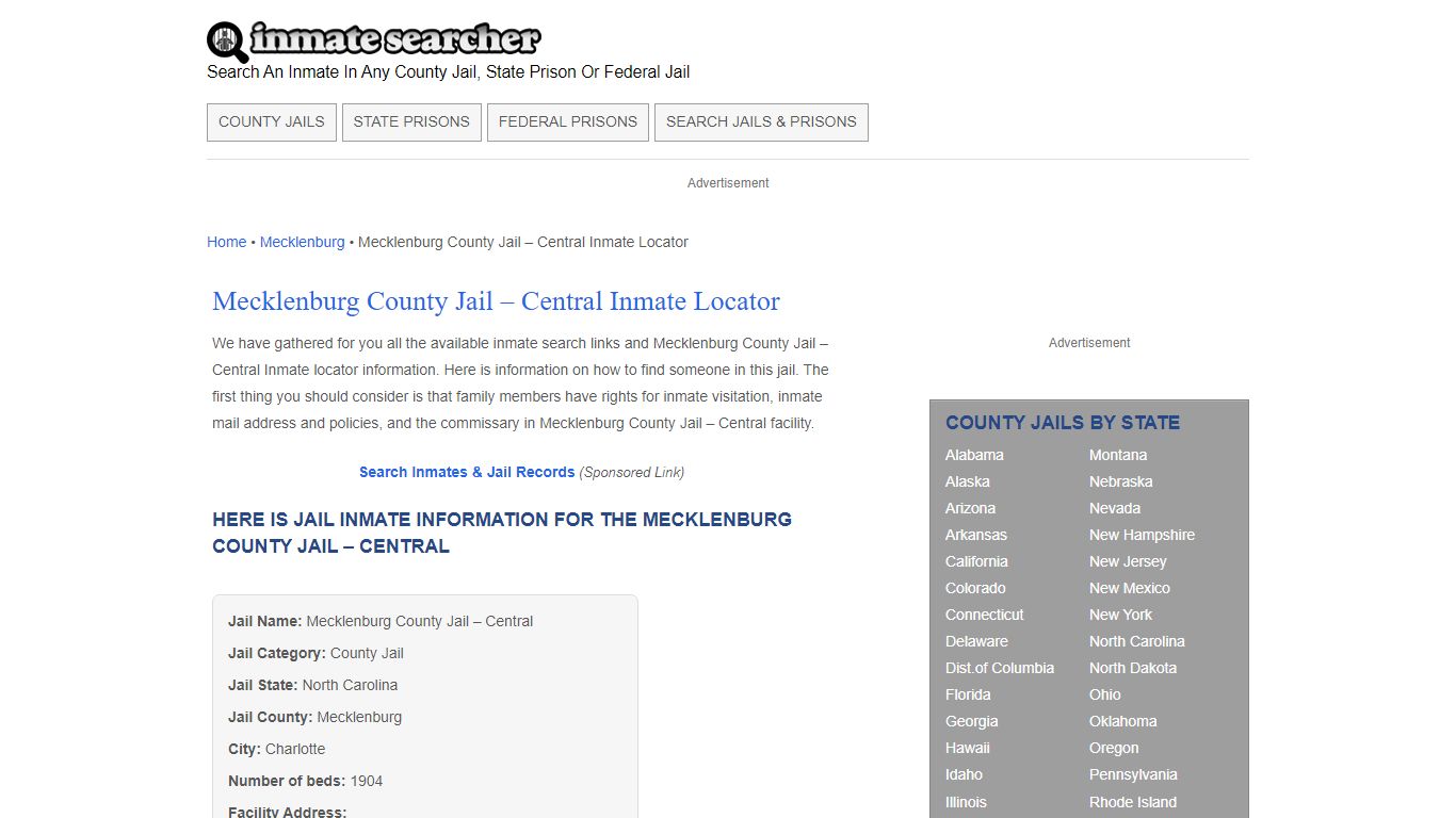 Mecklenburg County Jail - Central Inmate Locator - Inmate Searcher